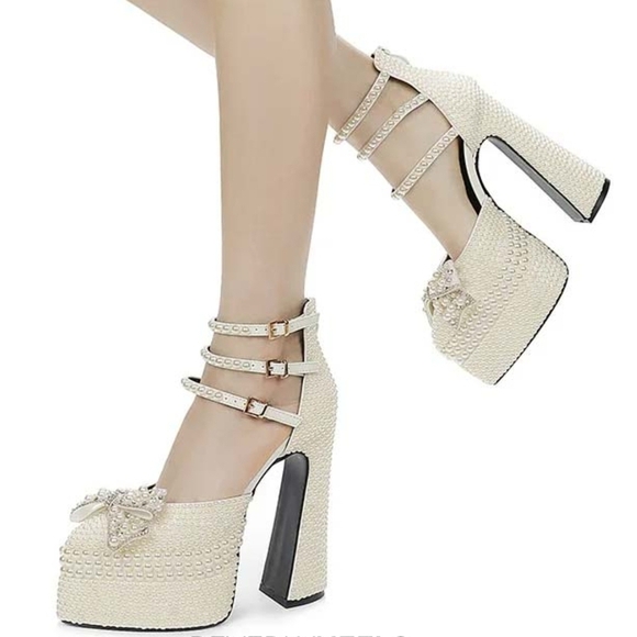 New White Pearl Platform Heels Size 9.5 | Triple Strap Bridal Wedding Party Pump - Picture 2 of 7